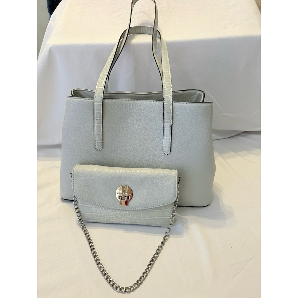 Anne Klein Light Gray Pebbled Tote and Croc Embossed Crossbody Bag Set